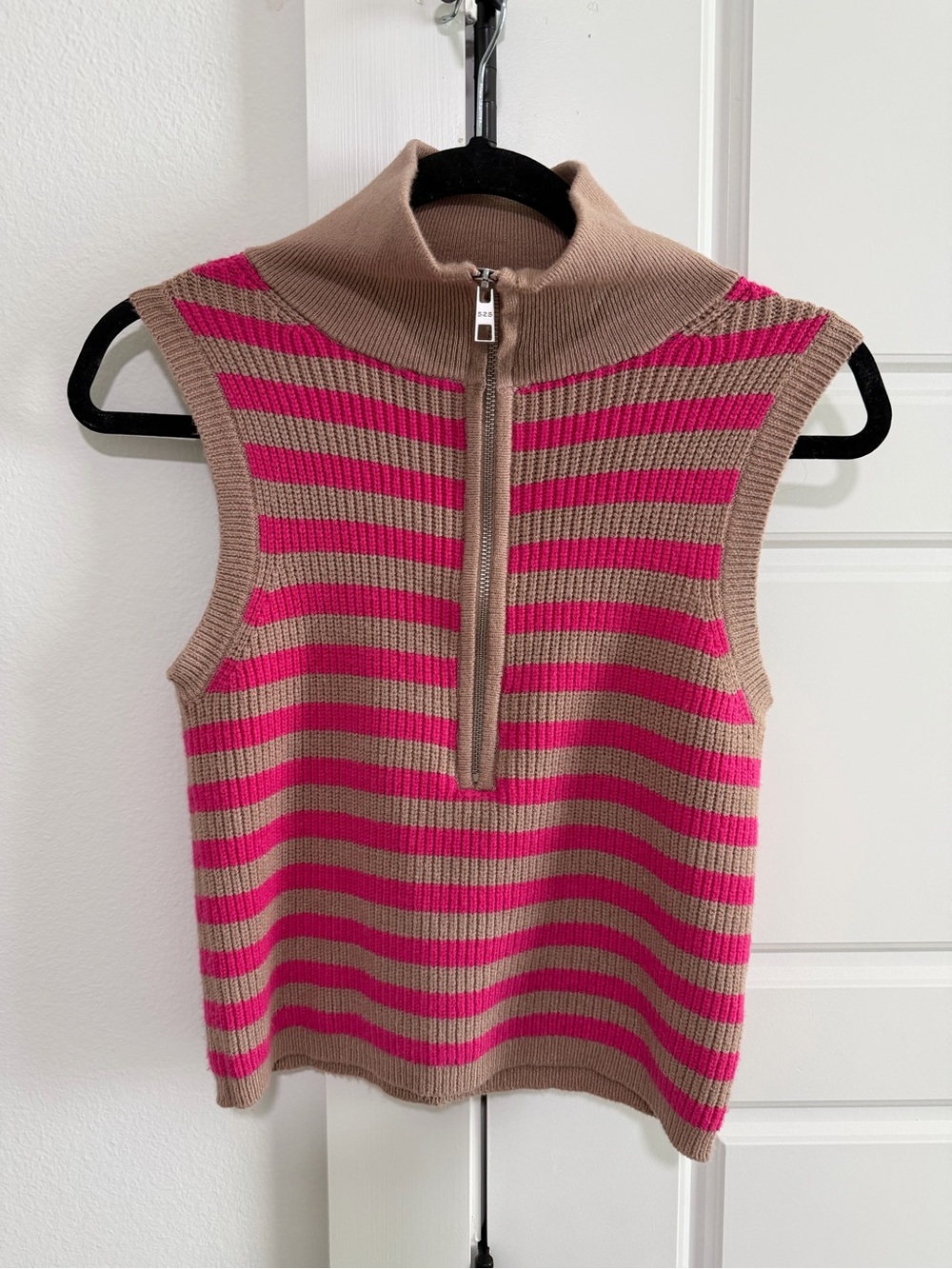 Sleeveless Stripe Half-Zip Sweater Vest in Pink and Tan